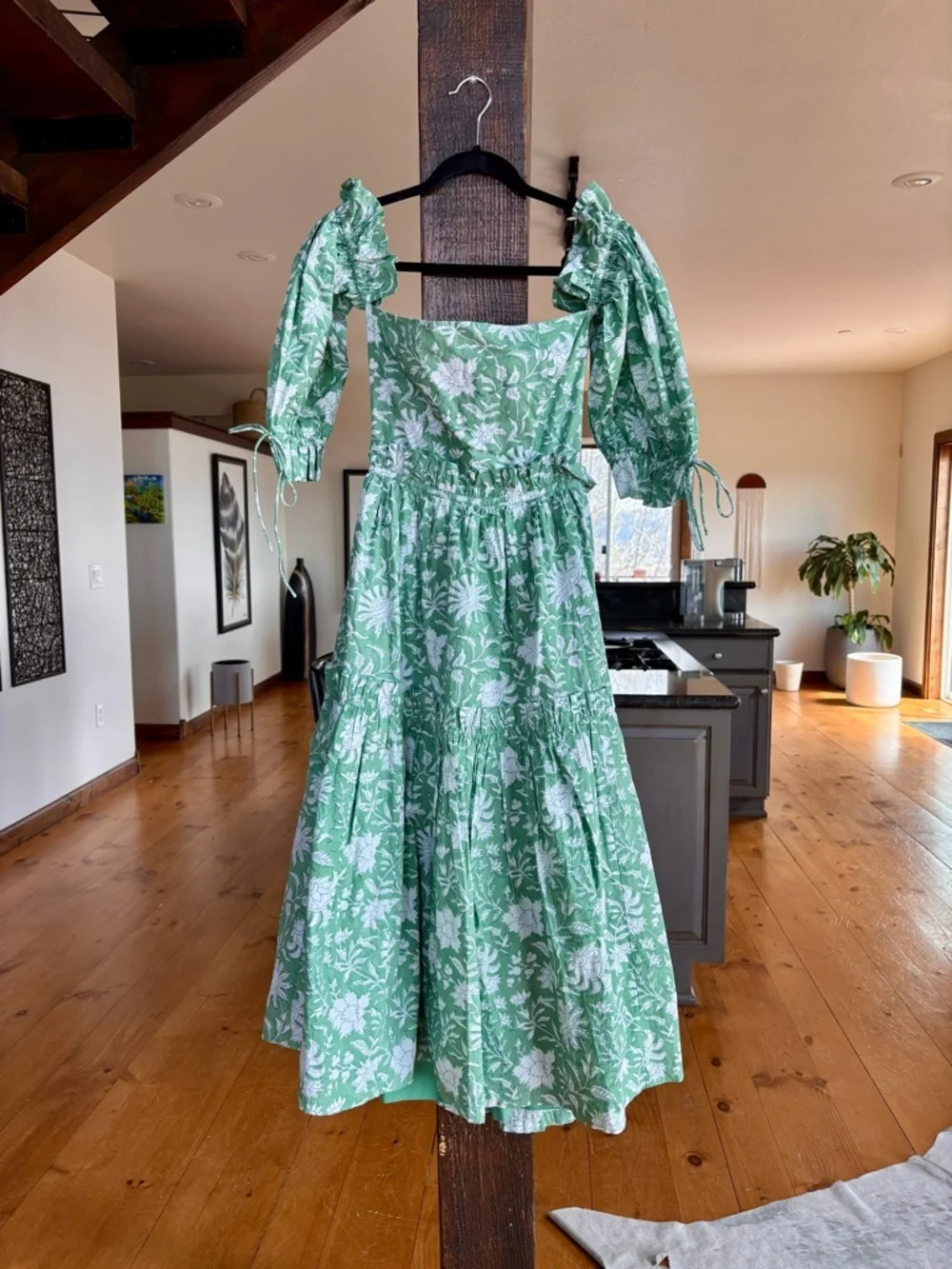 EDDY Olivia Midi Dress Green Ivory Floral Puff Sleeve Bow Back NWT Size S - Picture 8 of 15